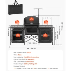 VEVOR Camping Kitchen Table, Outdoor Camp Cooking Table, Aluminum Portable Cook Station with 3 Storage Cupboard, Carrying Bag, Detachable Windscreen, Quick Set-up for BBQ Party Picnic RV Travel, Black