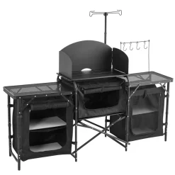 VEVOR Camping Kitchen Table, Outdoor Camp Cooking Table, Aluminum Portable Cook Station with 3 Storage Cupboard, Carrying Bag, Detachable Windscreen, Quick Set-up for BBQ Party Picnic RV Travel, Black