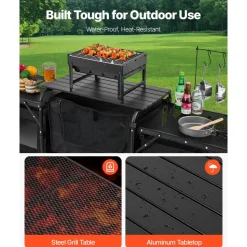 VEVOR Camping Kitchen Table, Outdoor Camp Cooking Table, Aluminum Portable Cook Station with 3 Storage Cupboard, Carrying Bag, Detachable Windscreen, Quick Set-up for BBQ Party Picnic RV Travel, Black