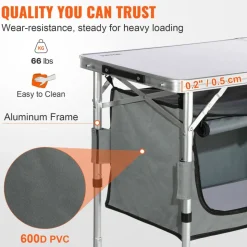 VEVOR Camping Kitchen Table, Quick set-up Folding Camping Table with A Carrying Bag, 3 Adjustable Heights, MDF Camping Table, Ideal for Outdoor Picnics, BBQs, Camping, RV Traveling