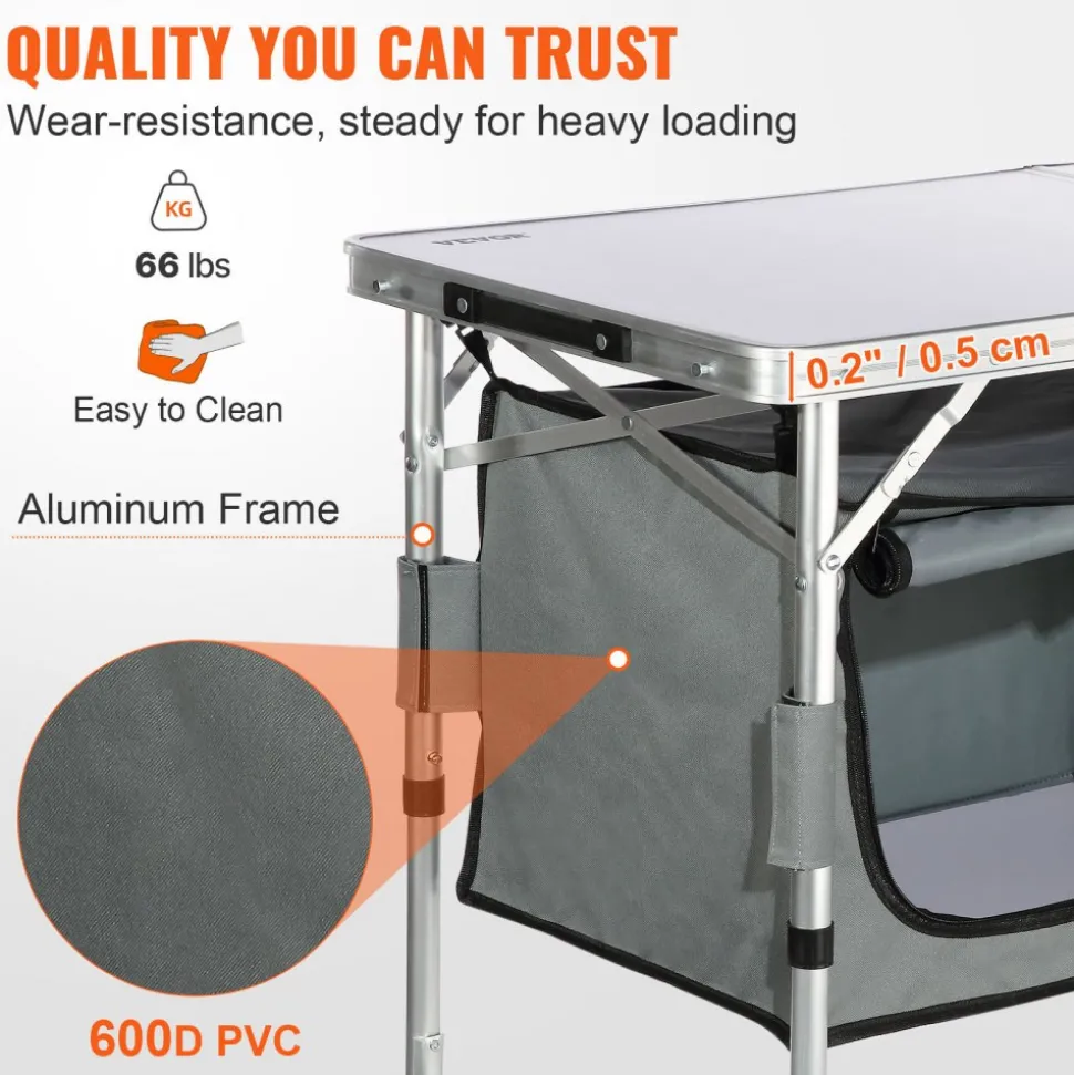 VEVOR Camping Kitchen Table, Quick set-up Folding Camping Table with A Carrying Bag, 3 Adjustable Heights, MDF Camping Table, Ideal for Outdoor Picnics, BBQs, Camping, RV Traveling