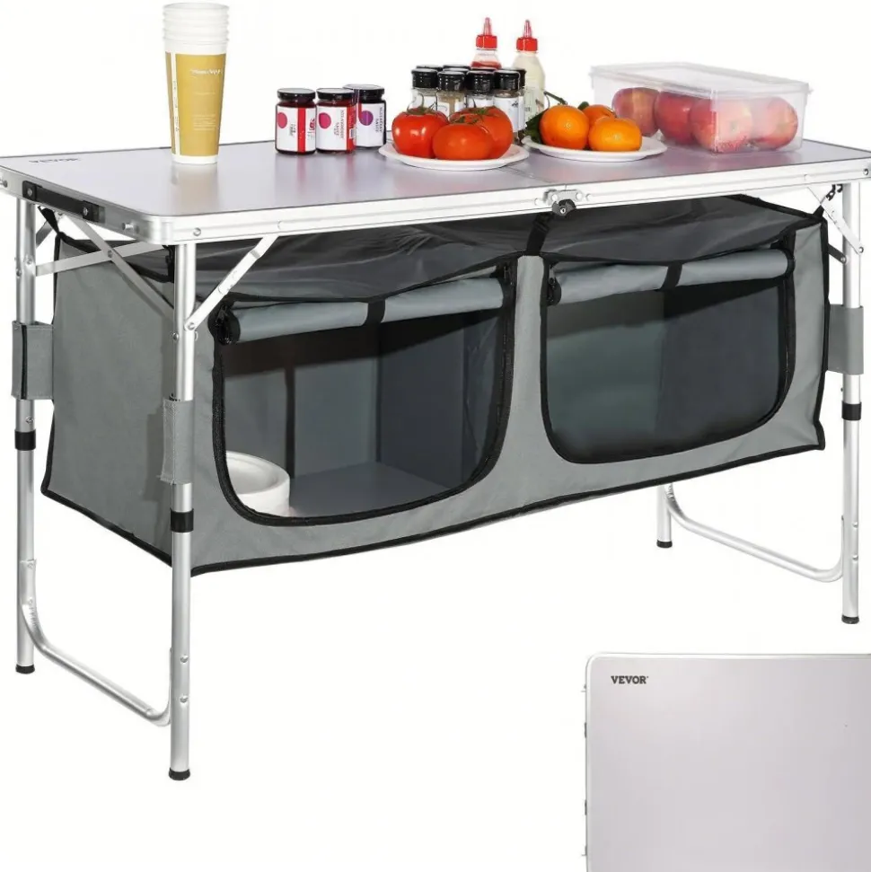 VEVOR Camping Kitchen Table, Quick set-up Folding Camping Table with A Carrying Bag, 3 Adjustable Heights, MDF Camping Table, Ideal for Outdoor Picnics, BBQs, Camping, RV Traveling