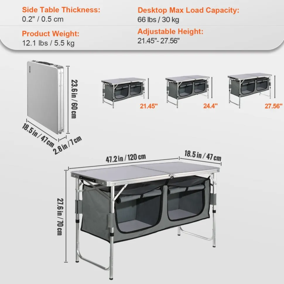VEVOR Camping Kitchen Table, Quick set-up Folding Camping Table with A Carrying Bag, 3 Adjustable Heights, MDF Camping Table, Ideal for Outdoor Picnics, BBQs, Camping, RV Traveling