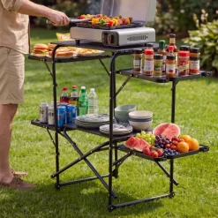 VEVOR Camping Kitchen Table, Slim-Fold Cook Station, Portable Folding Table, with 4 Side Tables, Heat Resistant Tabletop, and Carrying Bag, Ideal for Outdoor Picnics, BBQs, Camping, RV Traveling