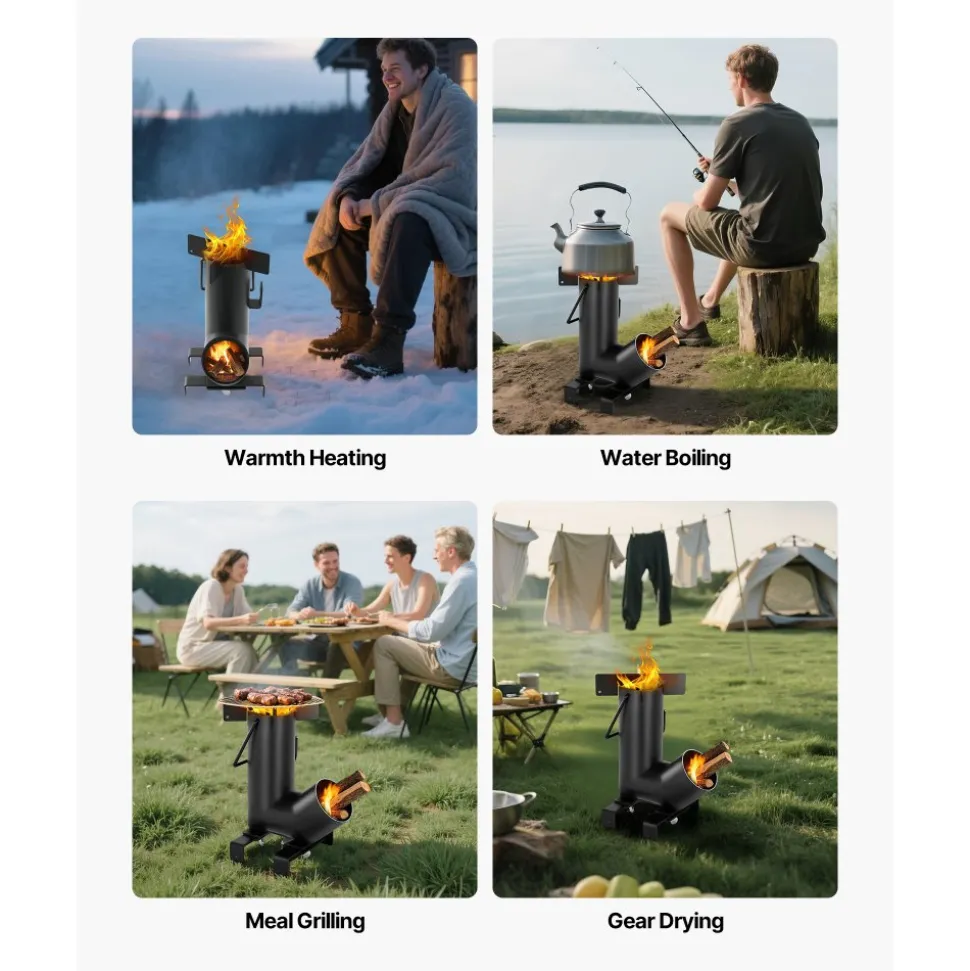 VEVOR Camping Rocket Stove, Wood Burning Portable Rocket Stove with Carrying Bag for Backpacking, Carbon Steel, Burn Wood, Twigs or Sticks for Outdoor Cooking, Backyard, Camp Cooking, Heating, Black