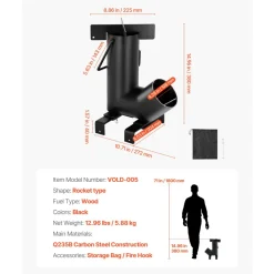 VEVOR Camping Rocket Stove, Wood Burning Portable Rocket Stove with Carrying Bag for Backpacking, Carbon Steel, Burn Wood, Twigs or Sticks for Outdoor Cooking, Backyard, Camp Cooking, Heating, Black