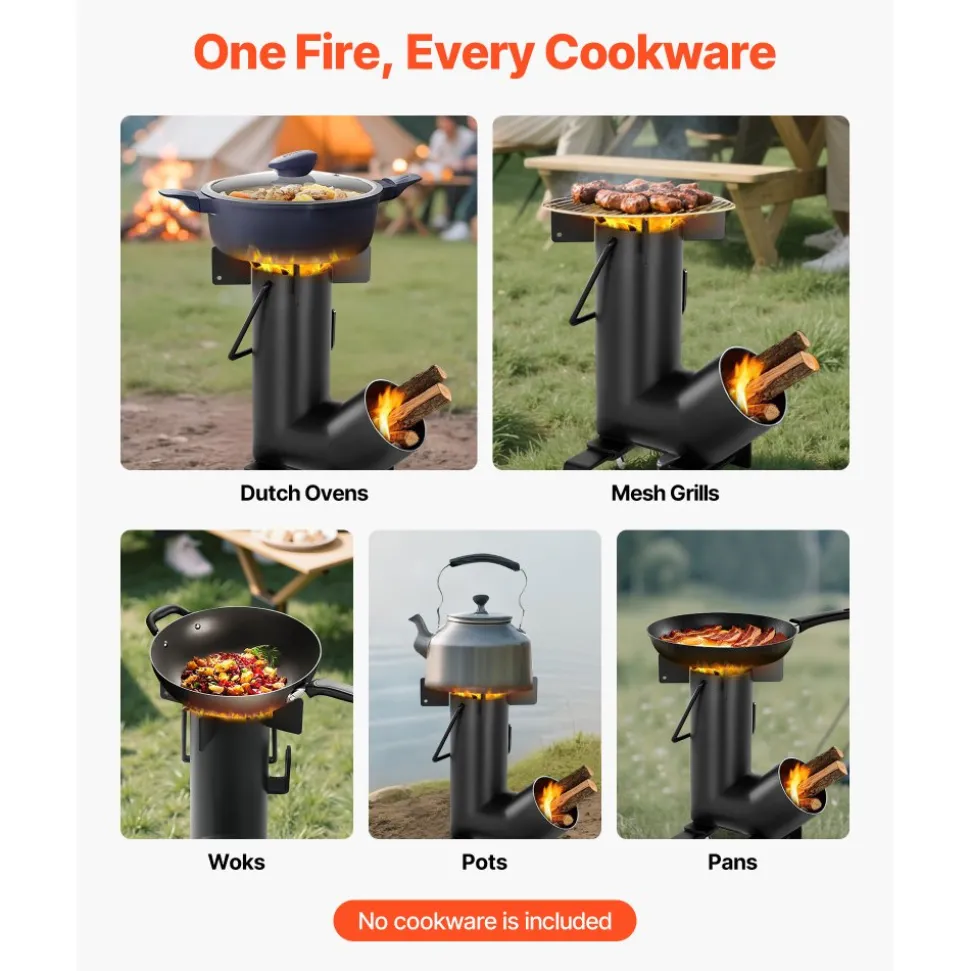 VEVOR Camping Rocket Stove, Wood Burning Portable Rocket Stove with Carrying Bag for Backpacking, Carbon Steel, Burn Wood, Twigs or Sticks for Outdoor Cooking, Backyard, Camp Cooking, Heating, Black