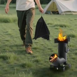 VEVOR Camping Rocket Stove, Wood Burning Portable Rocket Stove with Carrying Bag for Backpacking, Carbon Steel, Burn Wood, Twigs or Sticks for Outdoor Cooking, Backyard, Camp Cooking, Heating, Black
