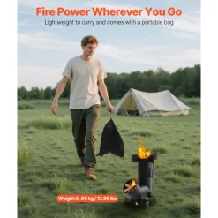 VEVOR Camping Rocket Stove, Wood Burning Portable Rocket Stove with Carrying Bag for Backpacking, Carbon Steel, Burn Wood, Twigs or Sticks for Outdoor Cooking, Backyard, Camp Cooking, Heating, Black