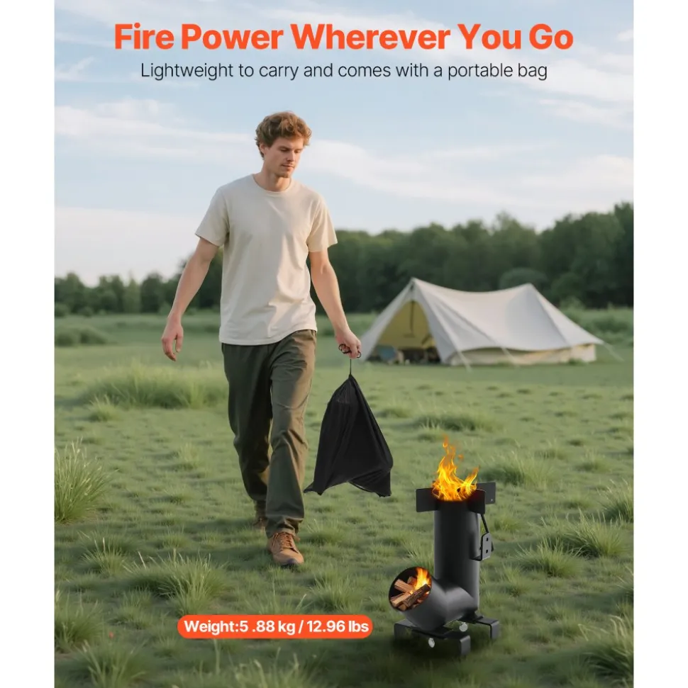 VEVOR Camping Rocket Stove, Wood Burning Portable Rocket Stove with Carrying Bag for Backpacking, Carbon Steel, Burn Wood, Twigs or Sticks for Outdoor Cooking, Backyard, Camp Cooking, Heating, Black