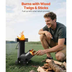 VEVOR Camping Rocket Stove, Wood Burning Portable Rocket Stove with Carrying Bag for Backpacking, Carbon Steel, Burn Wood, Twigs or Sticks for Outdoor Cooking, Backyard, Camp Cooking, Heating, Black