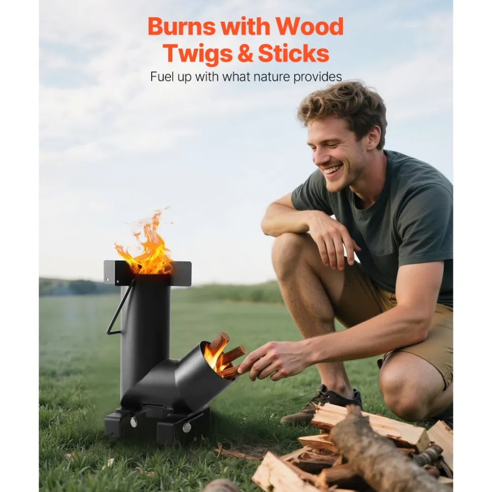 VEVOR Camping Rocket Stove, Wood Burning Portable Rocket Stove with Carrying Bag for Backpacking, Carbon Steel, Burn Wood, Twigs or Sticks for Outdoor Cooking, Backyard, Camp Cooking, Heating, Black