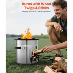 VEVOR Camping Rocket Stove, Wood Burning Portable Rocket Stove with Carrying Bag for Backpacking, Stainless Steel, Single Door, Burn Wood, Twigs or Sticks for Outdoor Cooking, Backyard, Camp Cooking