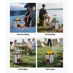 VEVOR Camping Rocket Stove, Wood Burning Portable Rocket Stove with Carrying Bag for Backpacking, Stainless Steel, Single Door, Burn Wood, Twigs or Sticks for Outdoor Cooking, Backyard, Camp Cooking