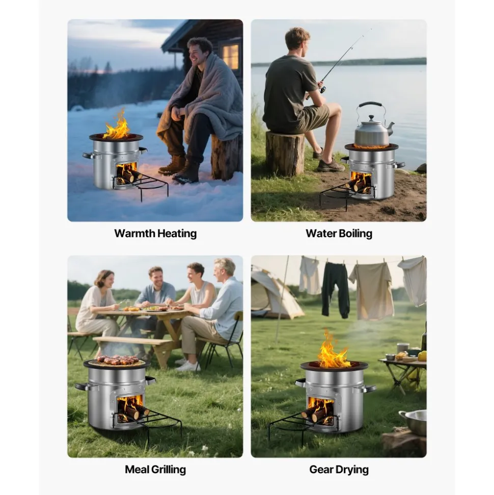 VEVOR Camping Rocket Stove, Wood Burning Portable Rocket Stove with Carrying Bag for Backpacking, Stainless Steel, Single Door, Burn Wood, Twigs or Sticks for Outdoor Cooking, Backyard, Camp Cooking
