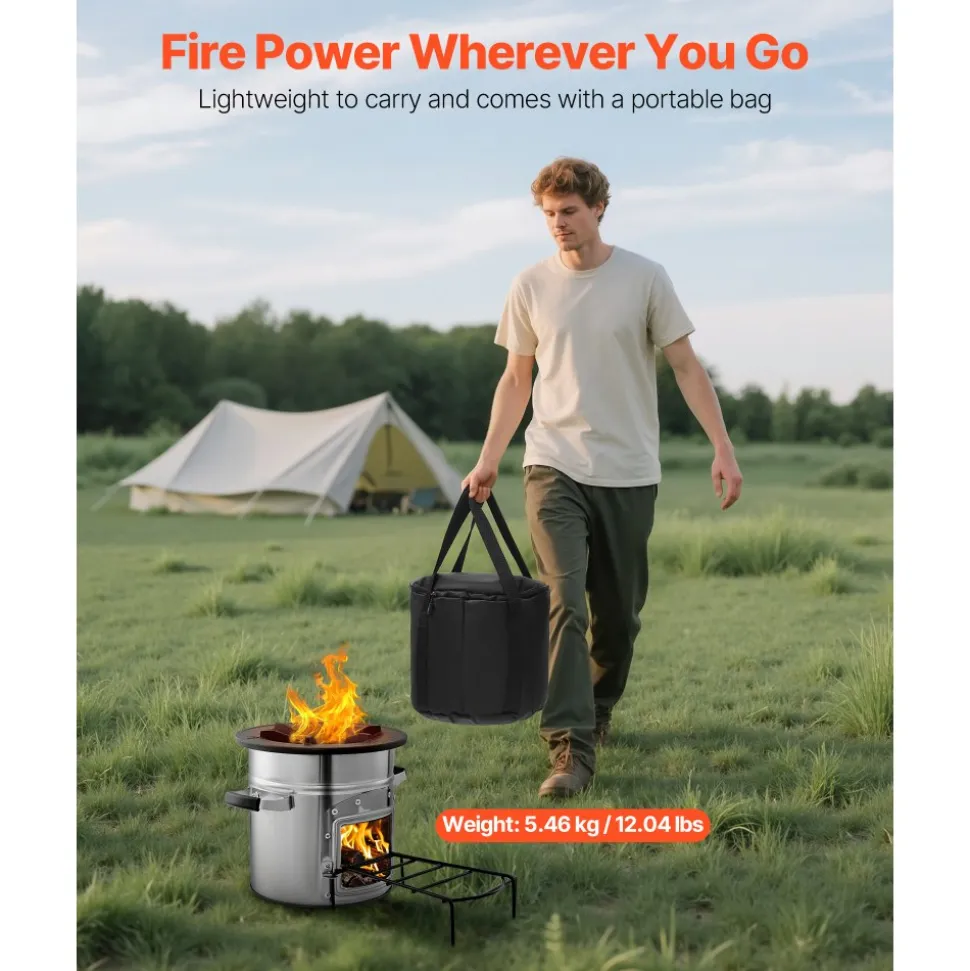 VEVOR Camping Rocket Stove, Wood Burning Portable Rocket Stove with Carrying Bag for Backpacking, Stainless Steel, Single Door, Burn Wood, Twigs or Sticks for Outdoor Cooking, Backyard, Camp Cooking