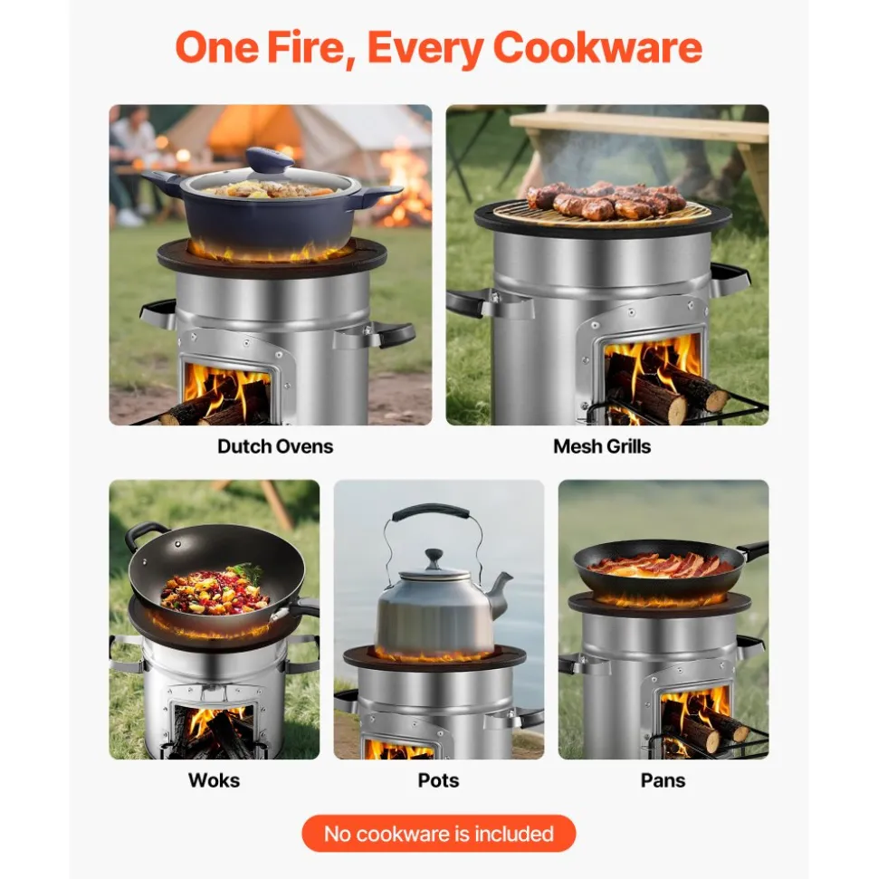 VEVOR Camping Rocket Stove, Wood Burning Portable Rocket Stove with Carrying Bag for Backpacking, Stainless Steel, Single Door, Burn Wood, Twigs or Sticks for Outdoor Cooking, Backyard, Camp Cooking