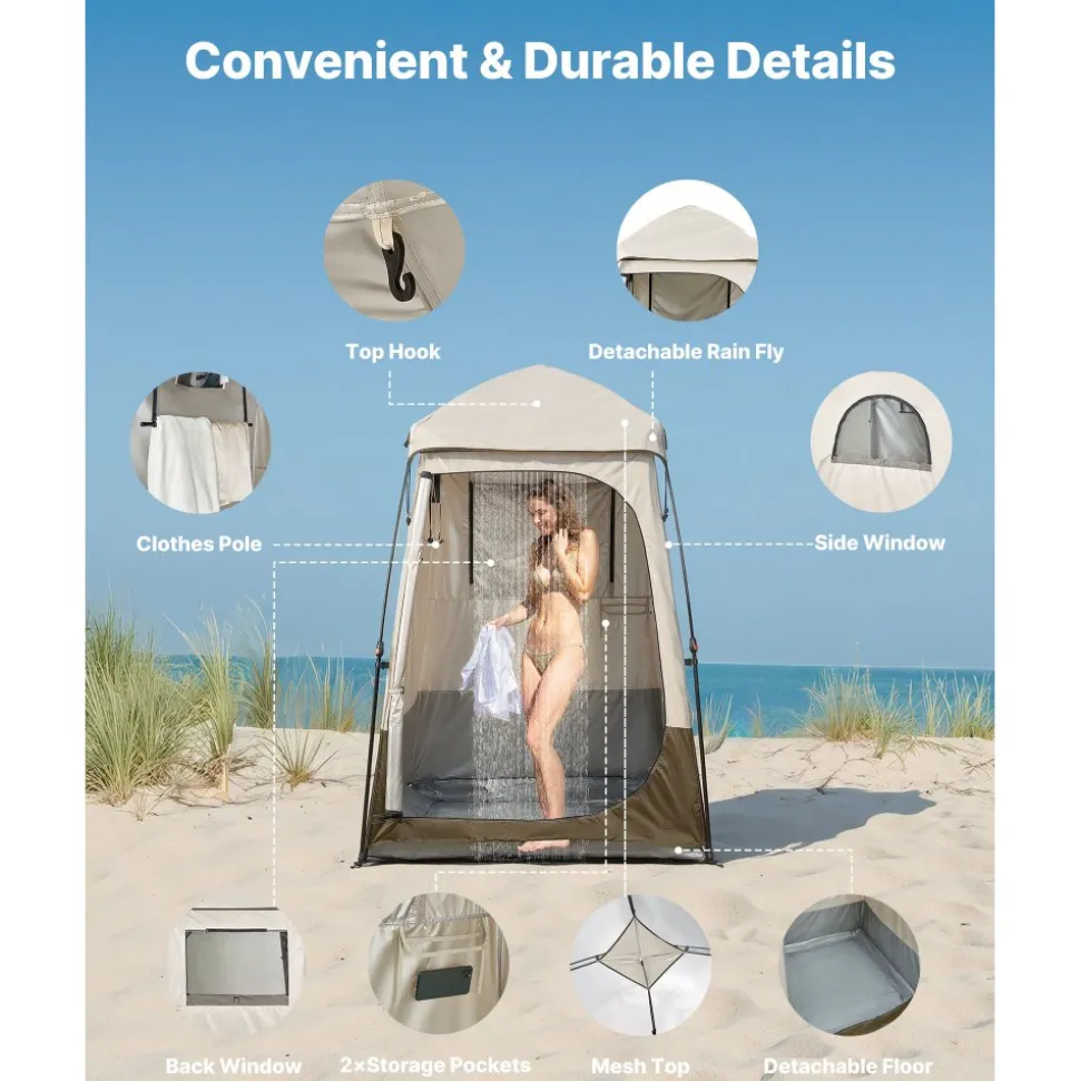 VEVOR Camping Shower Tent, 1 Room, Foldable Privacy Tent Changing Room with Ground Stakes, Ropes, Carry Bag, and Crossbar, 210D Oxford Fabric with Silver Coating, for Camping, Beach, and Fishing