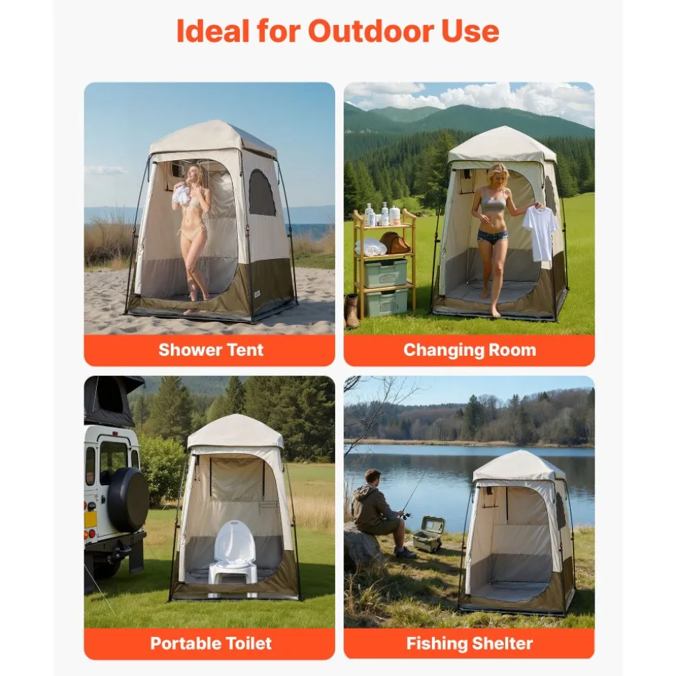 VEVOR Camping Shower Tent, 1 Room, Foldable Privacy Tent Changing Room with Ground Stakes, Ropes, Carry Bag, and Crossbar, 210D Oxford Fabric with Silver Coating, for Camping, Beach, and Fishing