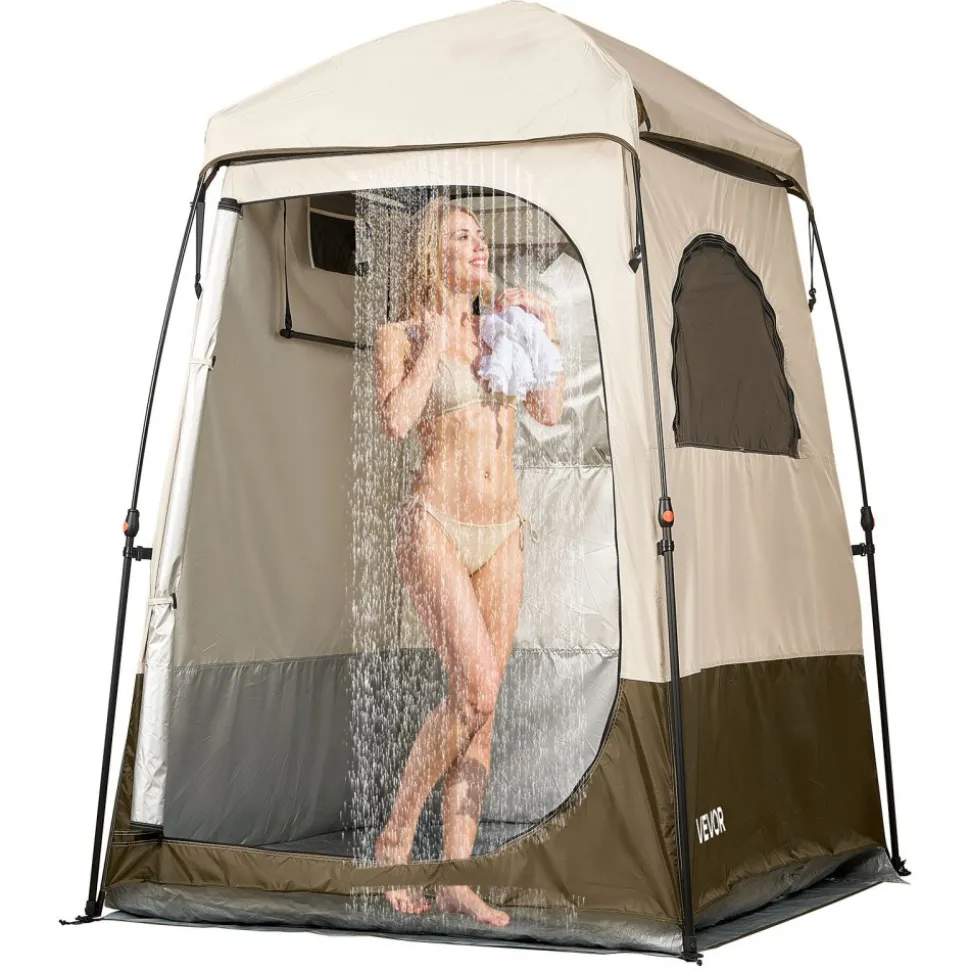 VEVOR Camping Shower Tent, 1 Room, Foldable Privacy Tent Changing Room with Ground Stakes, Ropes, Carry Bag, and Crossbar, 210D Oxford Fabric with Silver Coating, for Camping, Beach, and Fishing