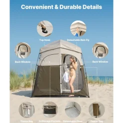 VEVOR Camping Shower Tent, 2-Room Foldable Portable Privacy Tent Changing Room with Ground Stakes, Ropes, and Carry Bag, 150D Oxford Fabric with Silver Coating, for Camping, Beach, and Fishing