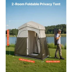 VEVOR Camping Shower Tent, 2-Room Foldable Portable Privacy Tent Changing Room with Ground Stakes, Ropes, and Carry Bag, 150D Oxford Fabric with Silver Coating, for Camping, Beach, and Fishing