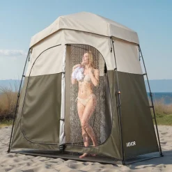 VEVOR Camping Shower Tent, 2-Room Foldable Portable Privacy Tent Changing Room with Ground Stakes, Ropes, and Carry Bag, 150D Oxford Fabric with Silver Coating, for Camping, Beach, and Fishing