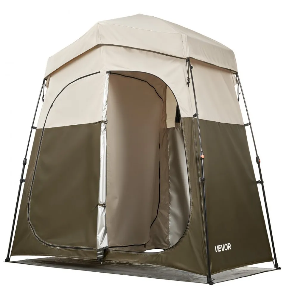 VEVOR Camping Shower Tent, 2-Room Foldable Portable Privacy Tent Changing Room with Ground Stakes, Ropes, and Carry Bag, 150D Oxford Fabric with Silver Coating, for Camping, Beach, and Fishing