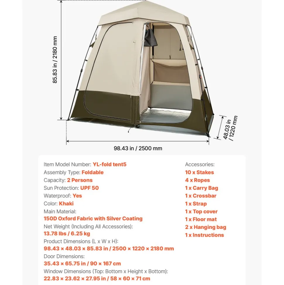 VEVOR Camping Shower Tent, 2-Room Foldable Privacy Tent Changing Room with Ground Stakes, Ropes, Carry Bag, and Crossbar, 150D Oxford Fabric with Silver Coating, for Camping, Beach, and Fishing