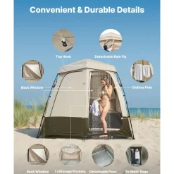 VEVOR Camping Shower Tent, 2-Room Foldable Privacy Tent Changing Room with Ground Stakes, Ropes, Carry Bag, and Crossbar, 150D Oxford Fabric with Silver Coating, for Camping, Beach, and Fishing