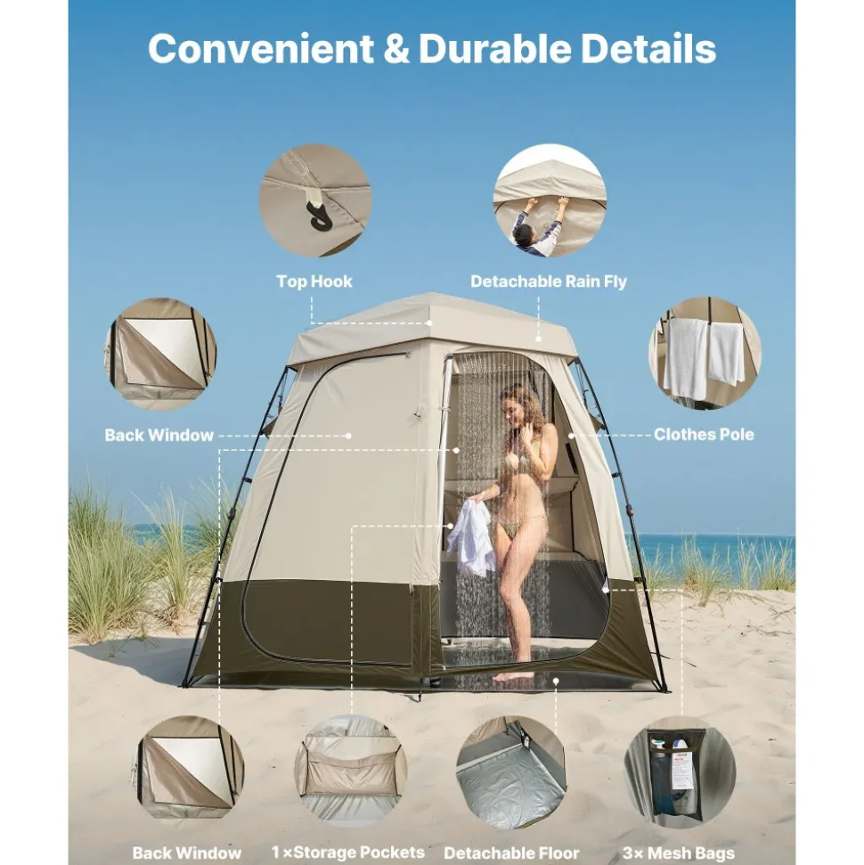 VEVOR Camping Shower Tent, 2-Room Foldable Privacy Tent Changing Room with Ground Stakes, Ropes, Carry Bag, and Crossbar, 150D Oxford Fabric with Silver Coating, for Camping, Beach, and Fishing