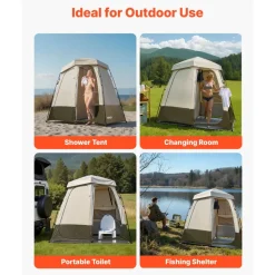 VEVOR Camping Shower Tent, 2-Room Foldable Privacy Tent Changing Room with Ground Stakes, Ropes, Carry Bag, and Crossbar, 150D Oxford Fabric with Silver Coating, for Camping, Beach, and Fishing