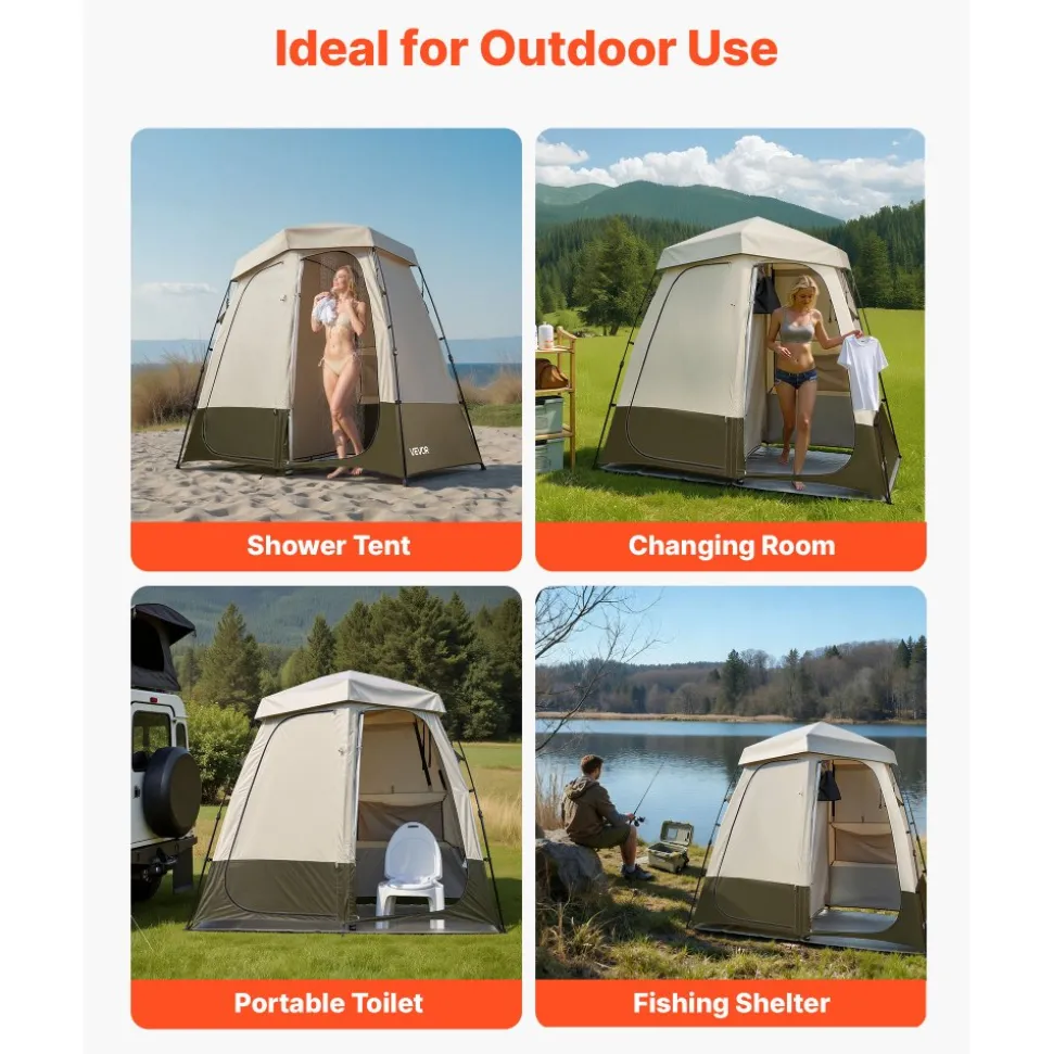 VEVOR Camping Shower Tent, 2-Room Foldable Privacy Tent Changing Room with Ground Stakes, Ropes, Carry Bag, and Crossbar, 150D Oxford Fabric with Silver Coating, for Camping, Beach, and Fishing
