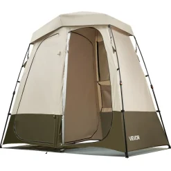 VEVOR Camping Shower Tent, 2-Room Foldable Privacy Tent Changing Room with Ground Stakes, Ropes, Carry Bag, and Crossbar, 150D Oxford Fabric with Silver Coating, for Camping, Beach, and Fishing