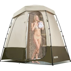 VEVOR Camping Shower Tent, 2-Room Foldable Privacy Tent Changing Room with Ground Stakes, Ropes, Carry Bag, and Crossbar, 150D Oxford Fabric with Silver Coating, for Camping, Beach, and Fishing
