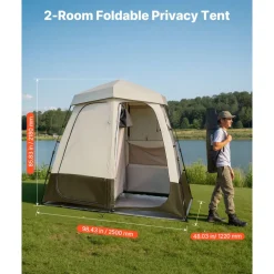 VEVOR Camping Shower Tent, 2-Room Foldable Privacy Tent Changing Room with Ground Stakes, Ropes, Carry Bag, and Crossbar, 150D Oxford Fabric with Silver Coating, for Camping, Beach, and Fishing
