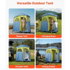 VEVOR Camping Shower Tent, 2-Room Portable Privacy Tent Changing Room with Shower Bag, Ground Stakes, Ropes, Carry Bag, and Support Poles, 150D Oxford Fabric with Silver Coating, for Camping, Fishing