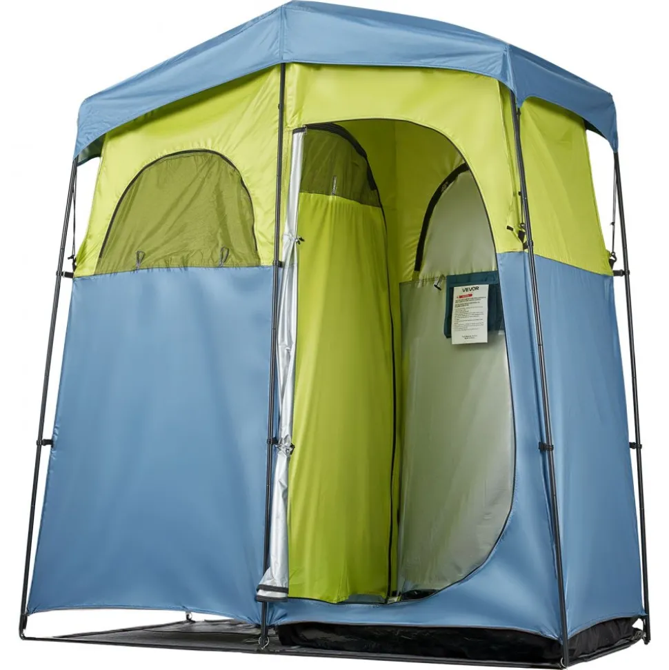 VEVOR Camping Shower Tent, 2-Room Portable Privacy Tent Changing Room with Shower Bag, Ground Stakes, Ropes, Carry Bag, and Support Poles, 150D Oxford Fabric with Silver Coating, for Camping, Fishing