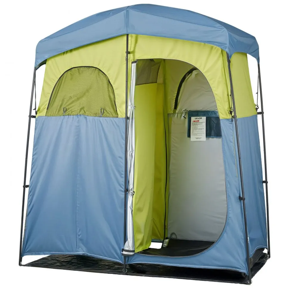 VEVOR Camping Shower Tent, 2-Room Portable Privacy Tent Changing Room with Shower Bag, Ground Stakes, Ropes, Carry Bag, and Support Poles, 150D Oxford Fabric with Silver Coating, for Camping, Fishing