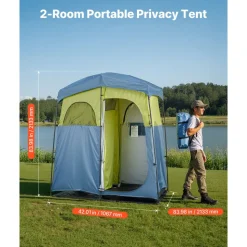 VEVOR Camping Shower Tent, 2-Room Portable Privacy Tent Changing Room with Shower Bag, Ground Stakes, Ropes, Carry Bag, and Support Poles, 150D Oxford Fabric with Silver Coating, for Camping, Fishing