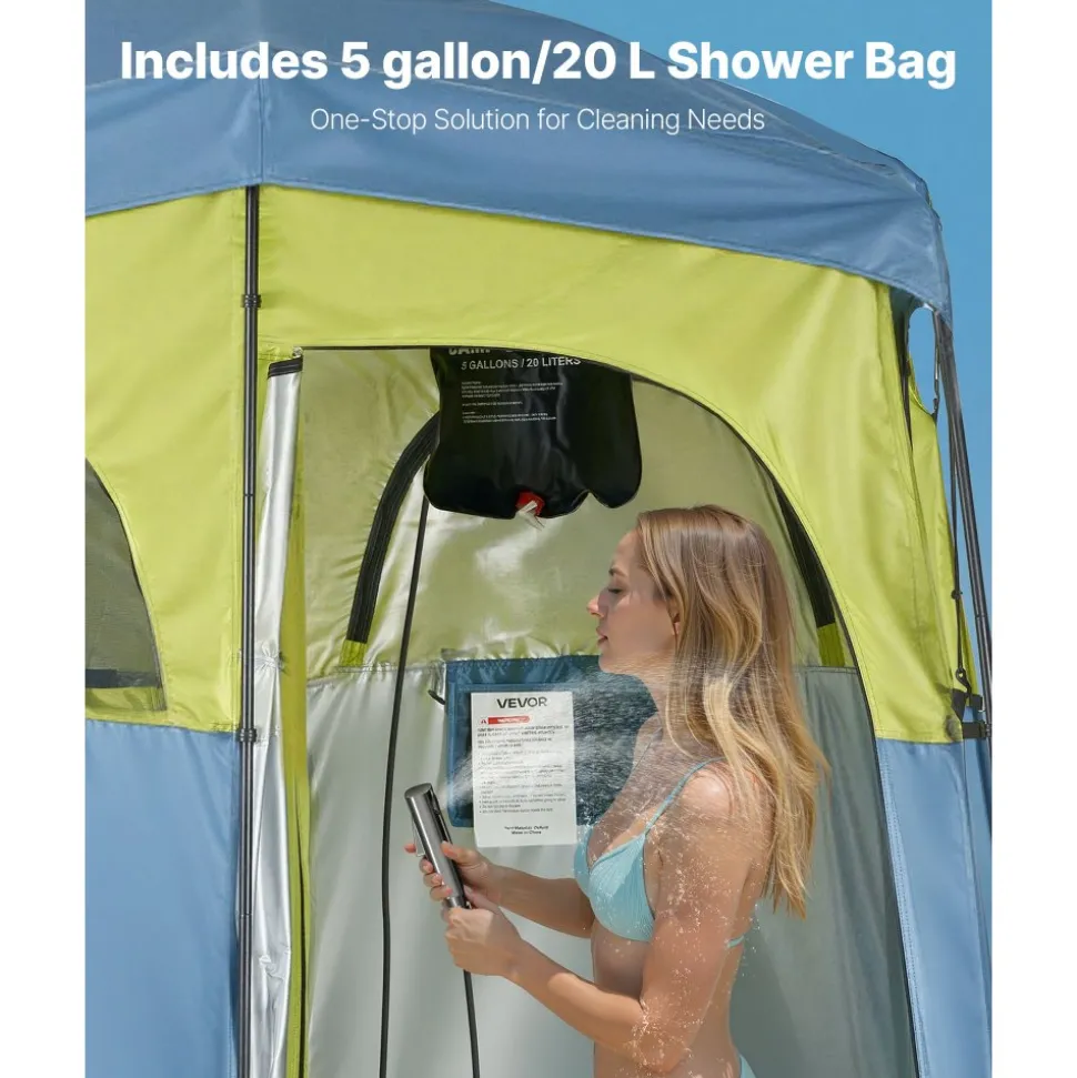 VEVOR Camping Shower Tent, 2-Room Portable Privacy Tent Changing Room with Shower Bag, Ground Stakes, Ropes, Carry Bag, and Support Poles, 150D Oxford Fabric with Silver Coating, for Camping, Fishing