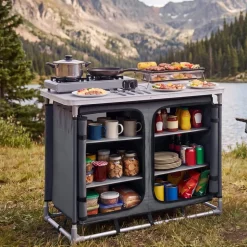 VEVOR Camping Storage Cabinet, Outdoor Portable Aluminum Lightweight Table, Quick Set-up Compact Kitchen Cook Station, with 6 Shelves and Carry Bag, for Picnic, BBQ, Party, Camping, RV Traveling