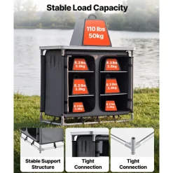 VEVOR Camping Storage Cabinet, Outdoor Portable Aluminum Lightweight Table, Quick Set-up Compact Kitchen Cook Station, with 6 Shelves and Carry Bag, for Picnic, BBQ, Party, Camping, RV Traveling