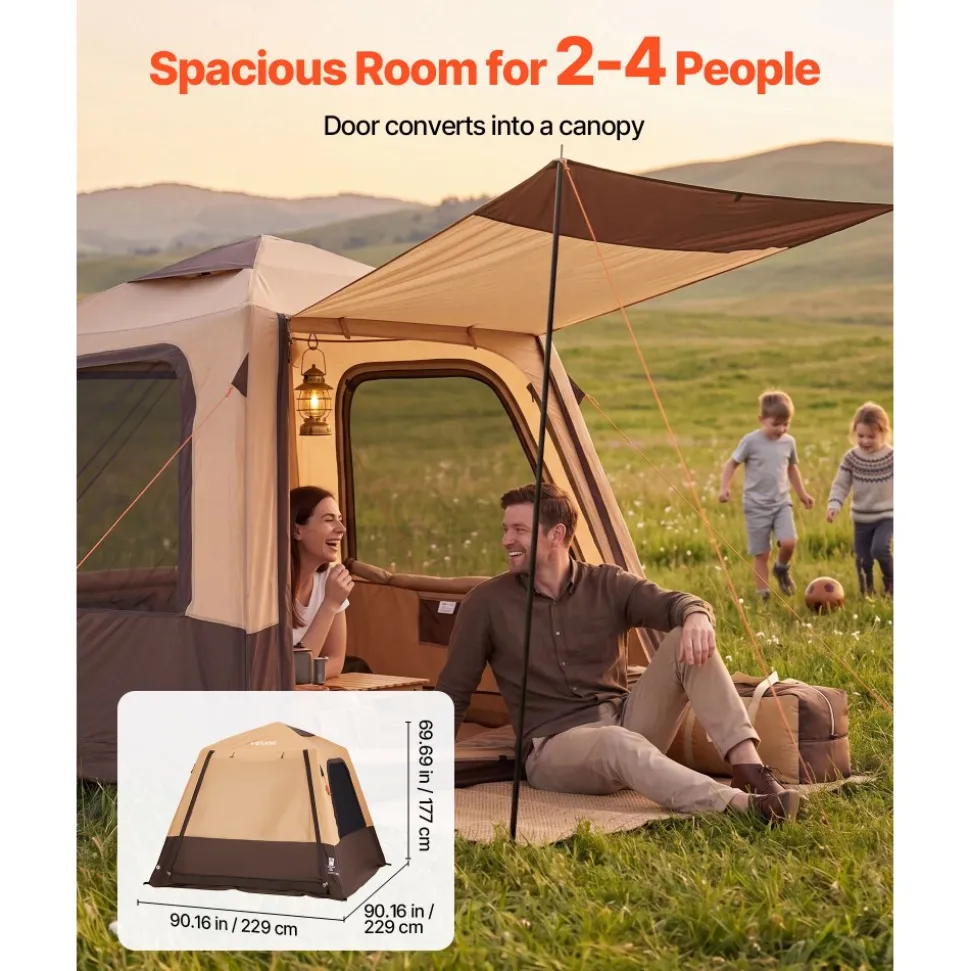 VEVOR Camping Tent, 4 Person Inflatable Cabin Tent with Rechargeable Pump, TPU Air Tube & 5 Large Mesh Windows, Portable Easy Setup Waterproof with Carry Bag for Family Outdoor Camping & Hiking, Beige