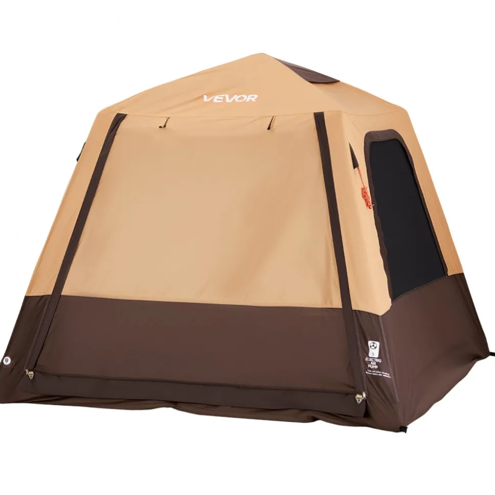 VEVOR Camping Tent, 4 Person Inflatable Cabin Tent with Rechargeable Pump, TPU Air Tube & 5 Large Mesh Windows, Portable Easy Setup Waterproof with Carry Bag for Family Outdoor Camping & Hiking, Beige