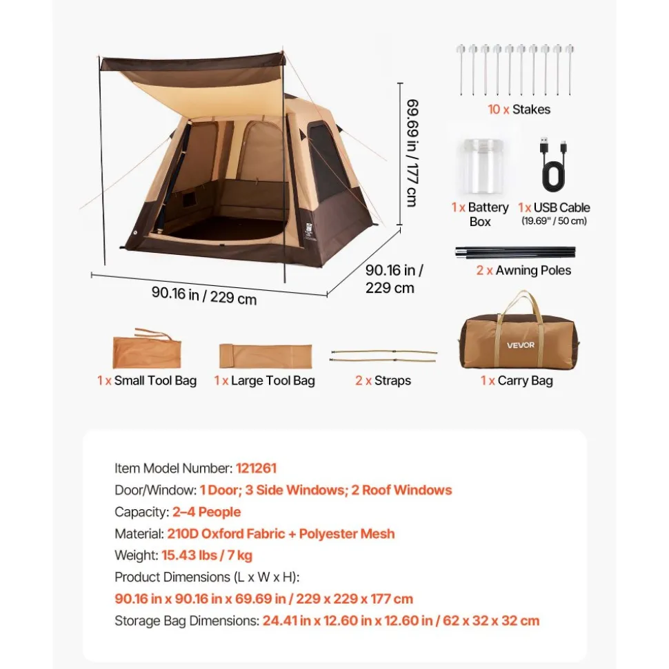 VEVOR Camping Tent, 4 Person Inflatable Cabin Tent with Rechargeable Pump, TPU Air Tube & 5 Large Mesh Windows, Portable Easy Setup Waterproof with Carry Bag for Family Outdoor Camping & Hiking, Beige