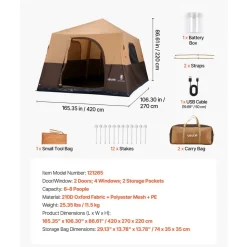 VEVOR Camping Tent, 8 Person Inflatable Cabin Tent with Rechargeable Pump, TPU Air Tube & 4 Large Mesh Windows, Portable Easy Setup Waterproof with Carry Bag for Family Outdoor Camping & Hiking, Beige