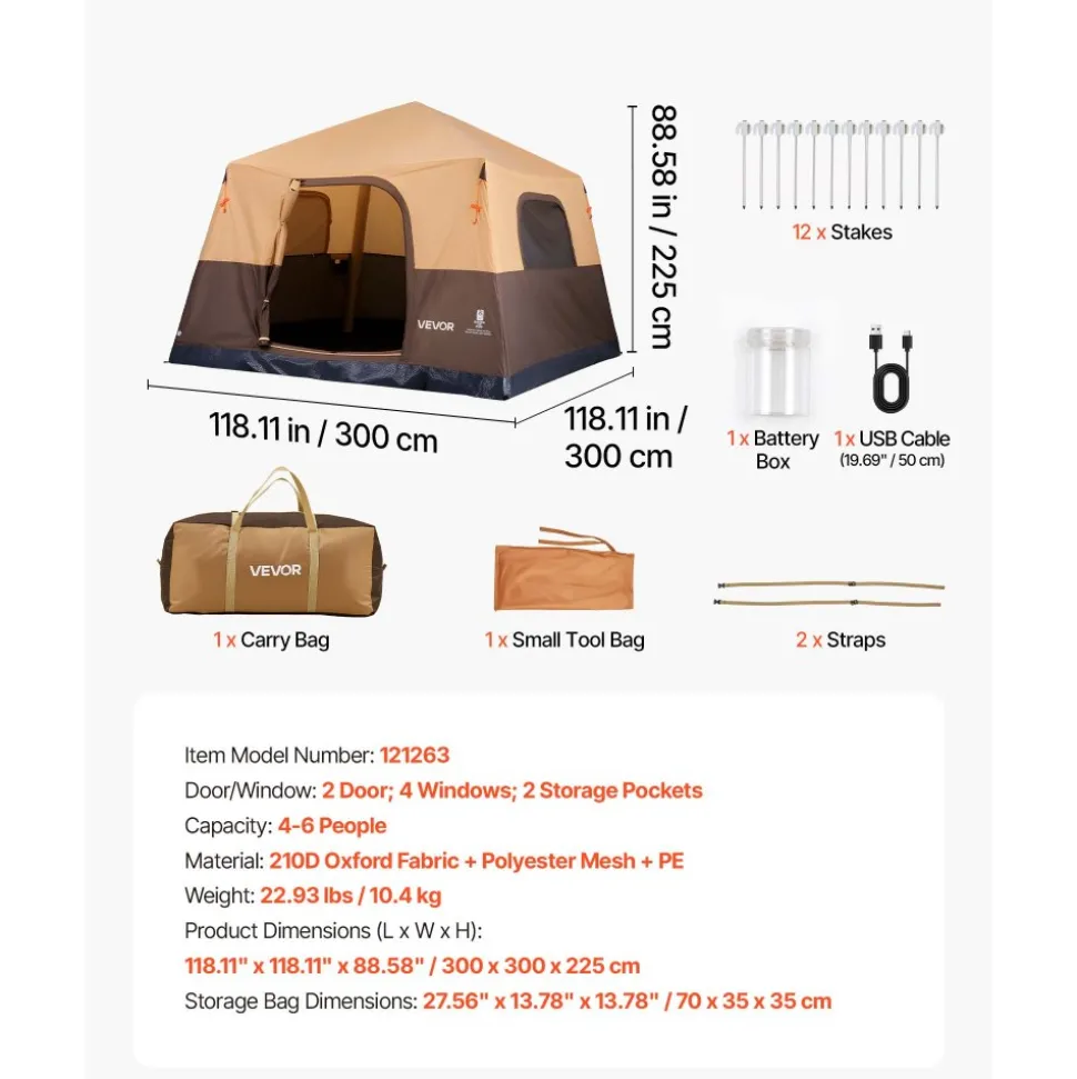 VEVOR Camping Tent, 6 Person Inflatable Cabin Tent with Rechargeable Pump, TPU Air Tube & 4 Large Mesh Windows, Portable Easy Setup Waterproof with Carry Bag for Family Outdoor Camping & Hiking, Beige