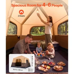 VEVOR Camping Tent, 6 Person Inflatable Cabin Tent with Rechargeable Pump, TPU Air Tube & 4 Large Mesh Windows, Portable Easy Setup Waterproof with Carry Bag for Family Outdoor Camping & Hiking, Beige