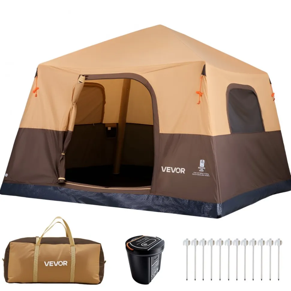 VEVOR Camping Tent, 6 Person Inflatable Cabin Tent with Rechargeable Pump, TPU Air Tube & 4 Large Mesh Windows, Portable Easy Setup Waterproof with Carry Bag for Family Outdoor Camping & Hiking, Beige